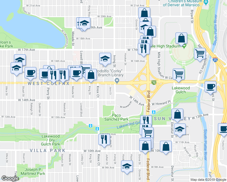 map of restaurants, bars, coffee shops, grocery stores, and more near 1455 Irving Street in Denver