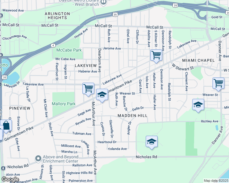 map of restaurants, bars, coffee shops, grocery stores, and more near 2604 Germantown Street in Dayton