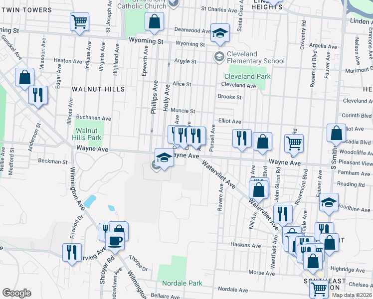 map of restaurants, bars, coffee shops, grocery stores, and more near 1411 Carlisle Avenue in Dayton
