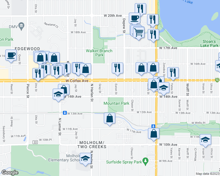 map of restaurants, bars, coffee shops, grocery stores, and more near 1460 Fenton Street in Lakewood
