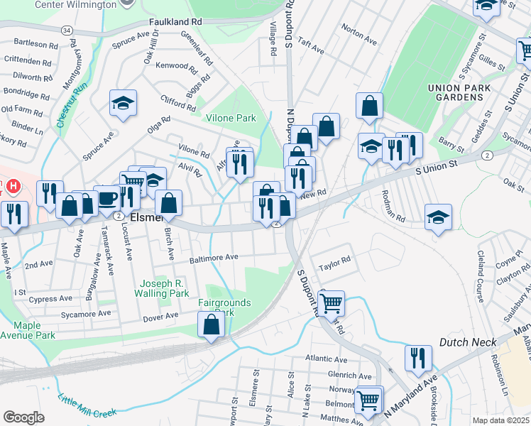 map of restaurants, bars, coffee shops, grocery stores, and more near 7 Northern Avenue in Wilmington