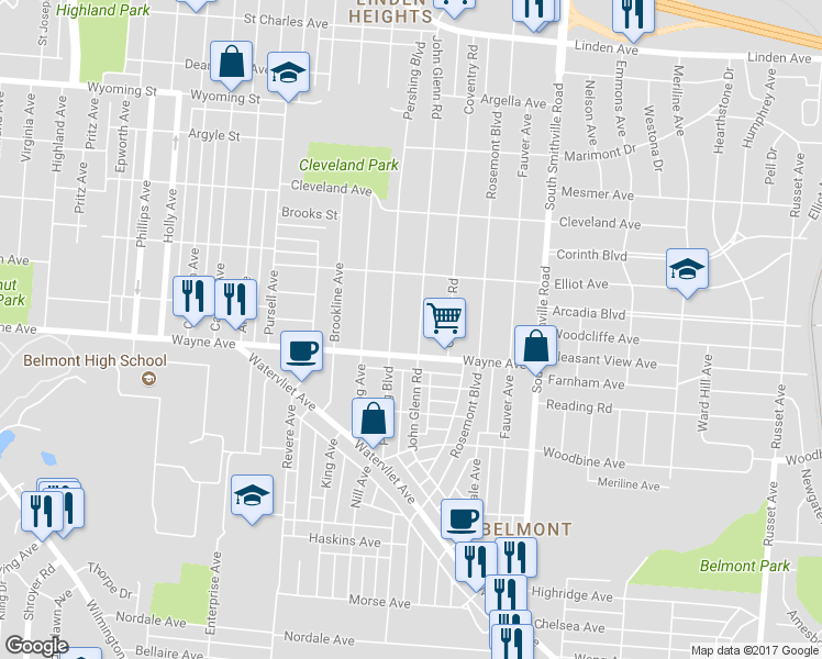 map of restaurants, bars, coffee shops, grocery stores, and more near 1905 John Glenn Road in Dayton