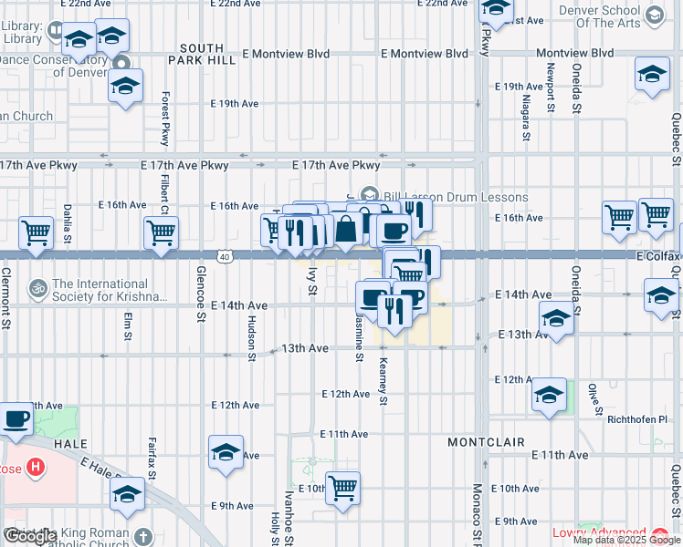 map of restaurants, bars, coffee shops, grocery stores, and more near 1454 Jersey Street in Denver