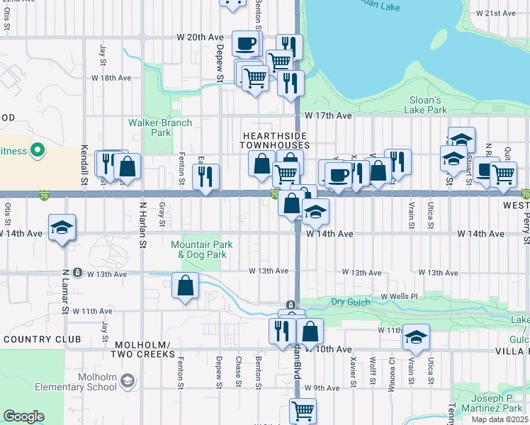 map of restaurants, bars, coffee shops, grocery stores, and more near 1456 Benton Street in Lakewood