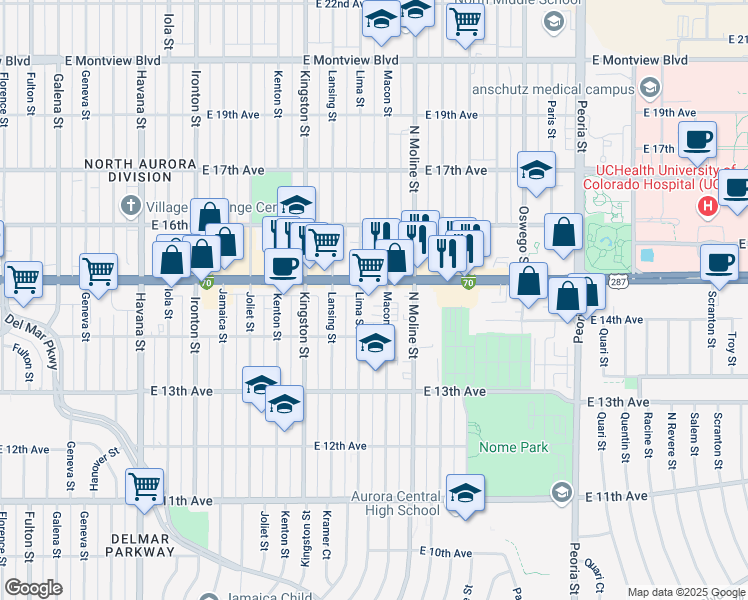 map of restaurants, bars, coffee shops, grocery stores, and more near 1480 Lima Street in Aurora