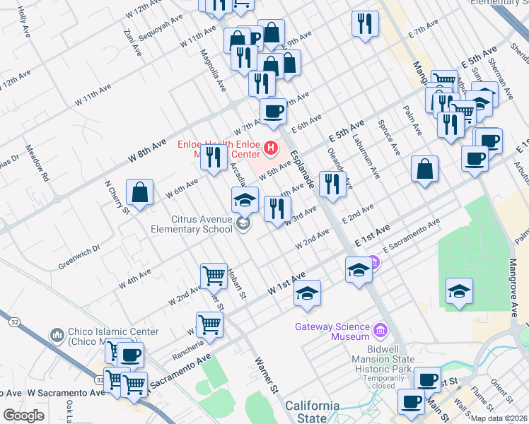 map of restaurants, bars, coffee shops, grocery stores, and more near 243 West 4th Avenue in Chico