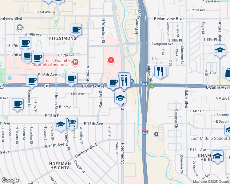map of restaurants, bars, coffee shops, grocery stores, and more near 13600 East Colfax Avenue in Aurora
