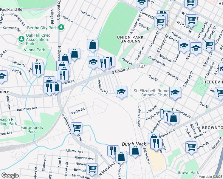 map of restaurants, bars, coffee shops, grocery stores, and more near 1912 Lakeview Road in Wilmington