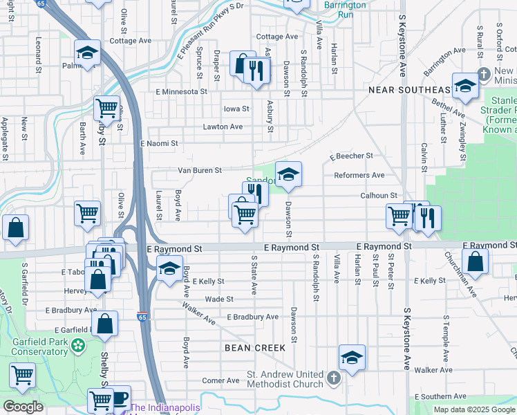 map of restaurants, bars, coffee shops, grocery stores, and more near 2019 South State Avenue in Indianapolis