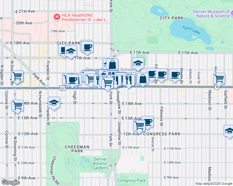 map of restaurants, bars, coffee shops, grocery stores, and more near in Denver