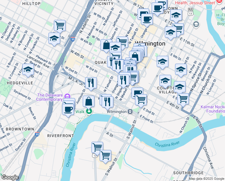 map of restaurants, bars, coffee shops, grocery stores, and more near 217 East 22nd Street in Wilmington