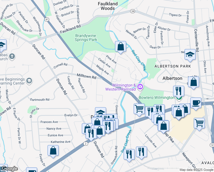 map of restaurants, bars, coffee shops, grocery stores, and more near 2404 Newport Gap Pike in Wilmington