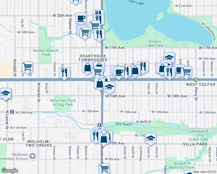 map of restaurants, bars, coffee shops, grocery stores, and more near 1453 Zenobia Street in Denver