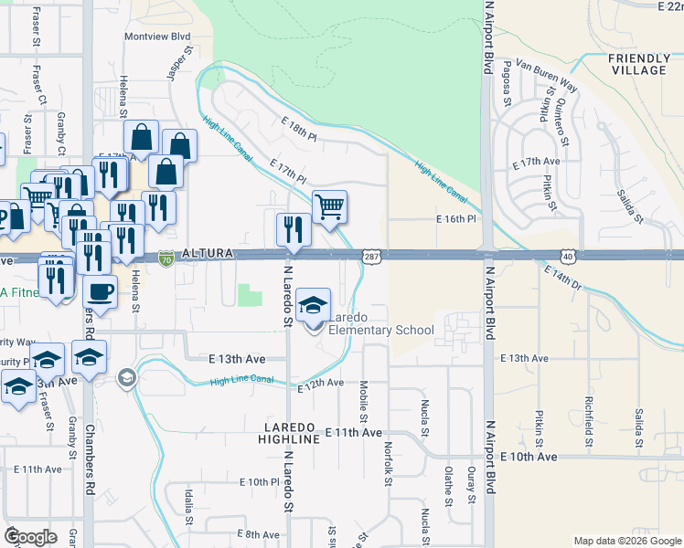 map of restaurants, bars, coffee shops, grocery stores, and more near 16350 East Colfax Avenue in Aurora