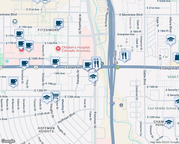 map of restaurants, bars, coffee shops, grocery stores, and more near 13650 East Colfax Avenue in Aurora