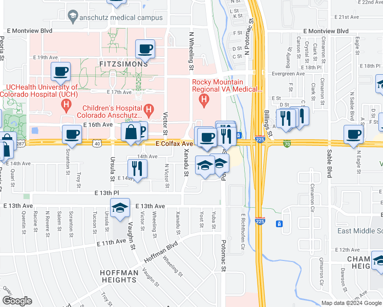 map of restaurants, bars, coffee shops, grocery stores, and more near 13650 East Colfax Avenue in Aurora