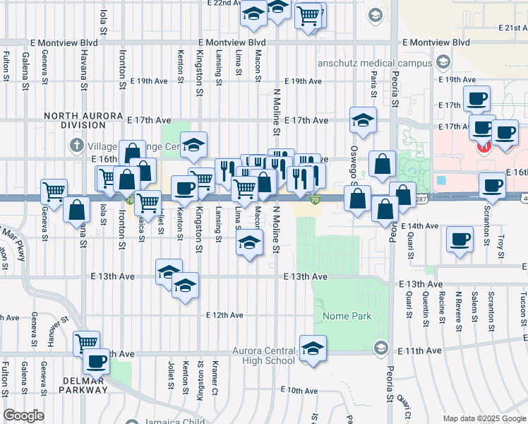 map of restaurants, bars, coffee shops, grocery stores, and more near 1445 Moline Street in Aurora