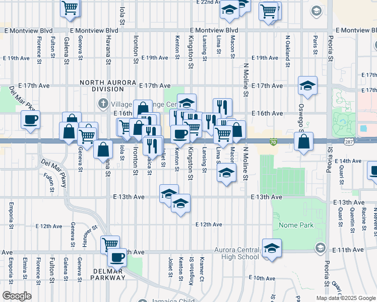 map of restaurants, bars, coffee shops, grocery stores, and more near 1485 Kingston Street in Aurora