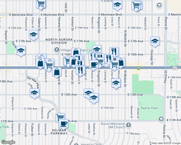 map of restaurants, bars, coffee shops, grocery stores, and more near in Aurora