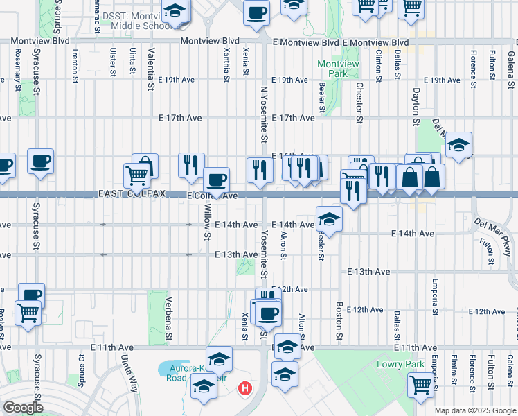 map of restaurants, bars, coffee shops, grocery stores, and more near 8900 East Colfax Avenue in Aurora