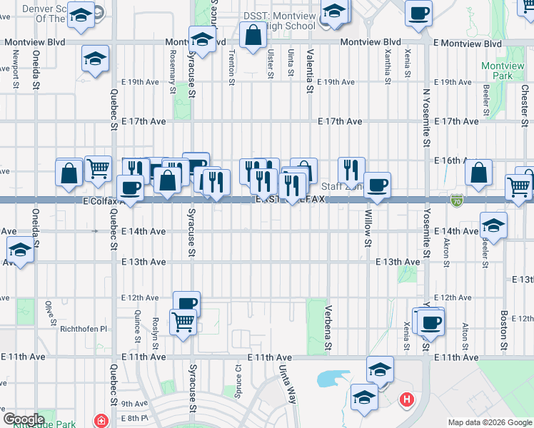 map of restaurants, bars, coffee shops, grocery stores, and more near 1444 Tamarac Street in Denver
