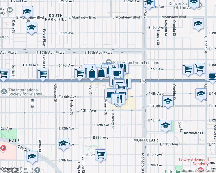 map of restaurants, bars, coffee shops, grocery stores, and more near 1460 Jasmine Street in Denver