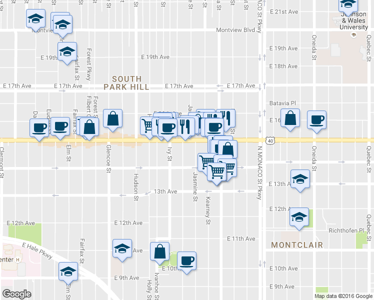 map of restaurants, bars, coffee shops, grocery stores, and more near 1454 Jersey Street in Denver