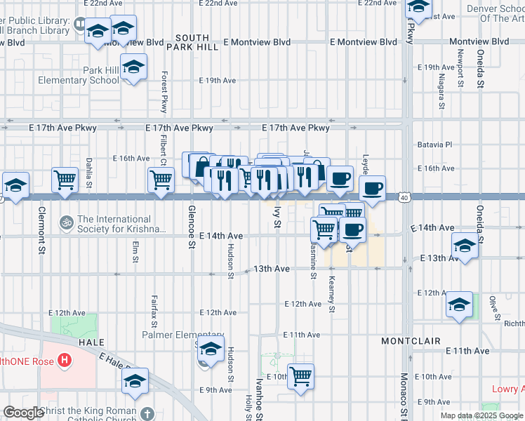 map of restaurants, bars, coffee shops, grocery stores, and more near 1465 Ivanhoe Street in Denver