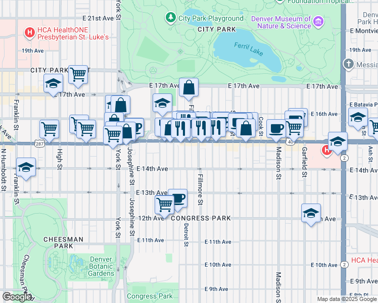 map of restaurants, bars, coffee shops, grocery stores, and more near in Denver