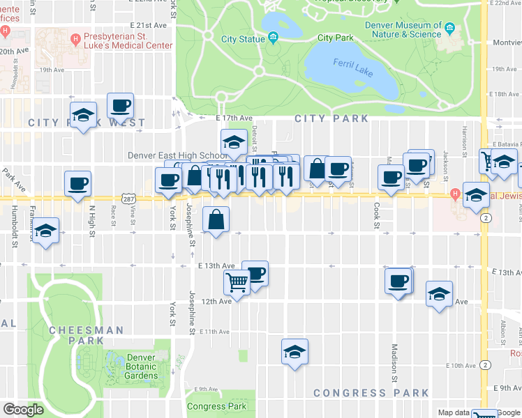 map of restaurants, bars, coffee shops, grocery stores, and more near 1460 Clayton Street in Denver