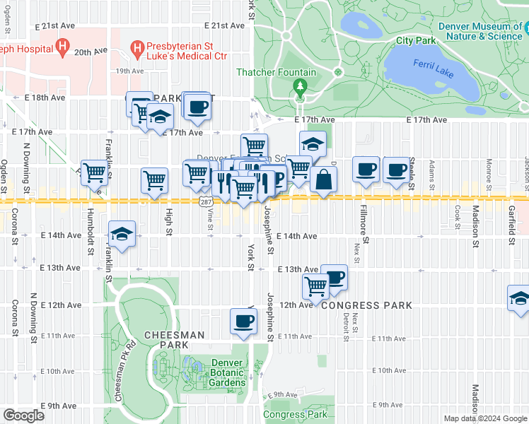 map of restaurants, bars, coffee shops, grocery stores, and more near in Denver