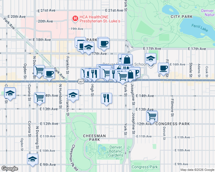 map of restaurants, bars, coffee shops, grocery stores, and more near 1455 Vine Street in Denver