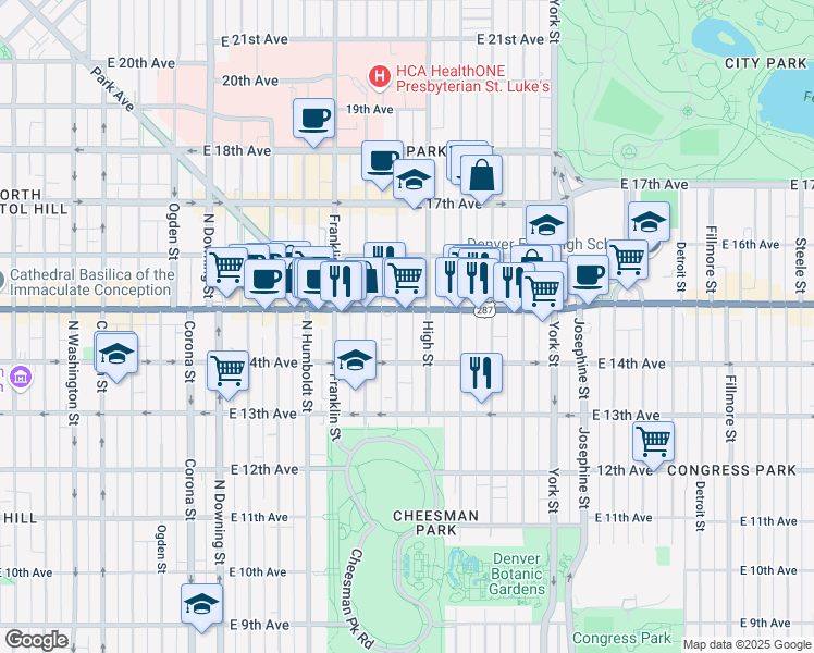 map of restaurants, bars, coffee shops, grocery stores, and more near 2024 U.S. 287 in Denver