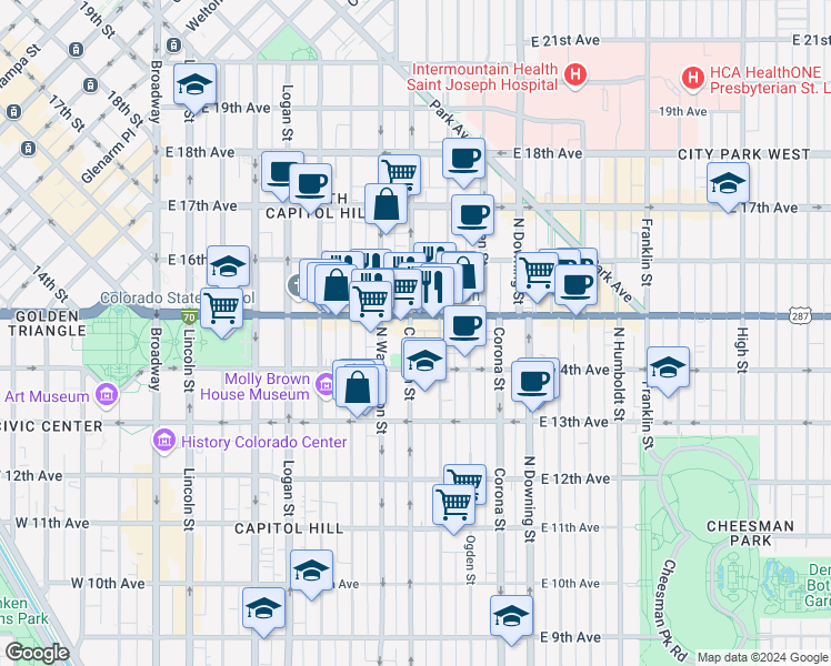 map of restaurants, bars, coffee shops, grocery stores, and more near in Denver