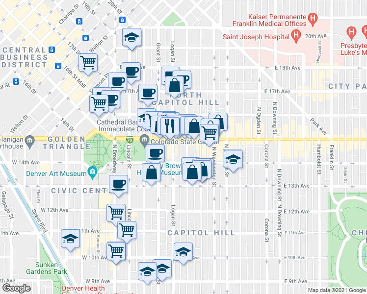 map of restaurants, bars, coffee shops, grocery stores, and more near 1450 Logan Street in Denver