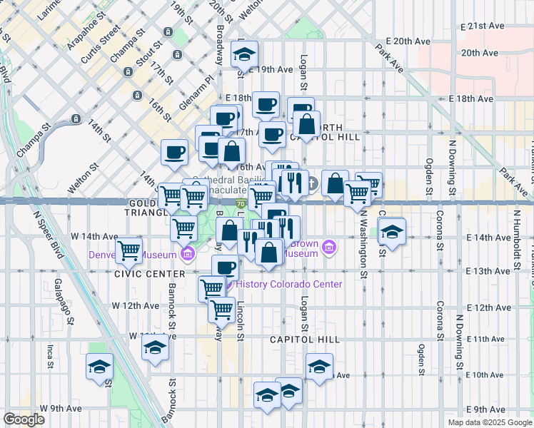 map of restaurants, bars, coffee shops, grocery stores, and more near 200 East Colfax Avenue in Denver