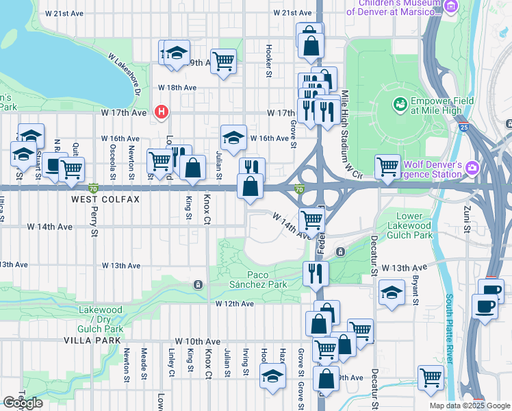 map of restaurants, bars, coffee shops, grocery stores, and more near 3275 West 14th Avenue in Denver