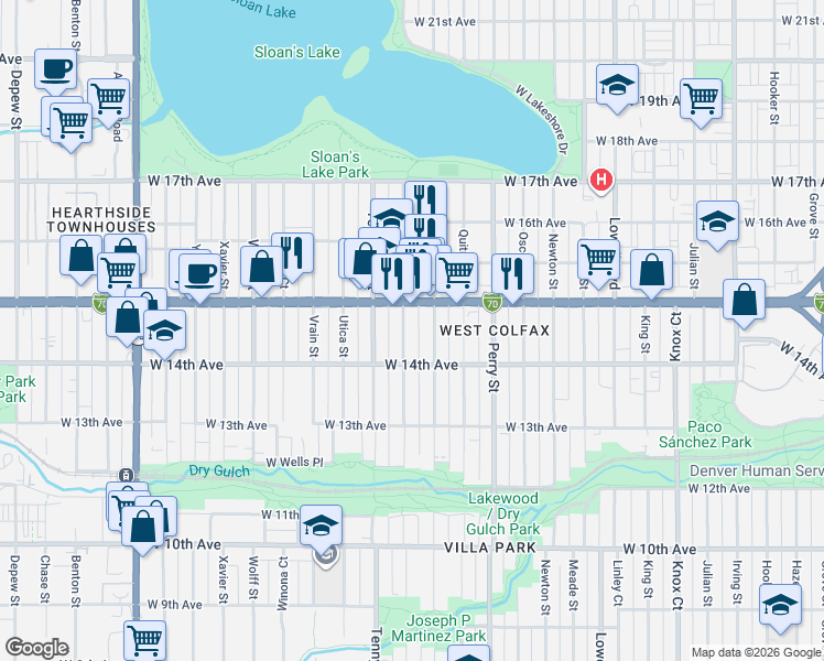 map of restaurants, bars, coffee shops, grocery stores, and more near 1451 Raleigh Street in Denver