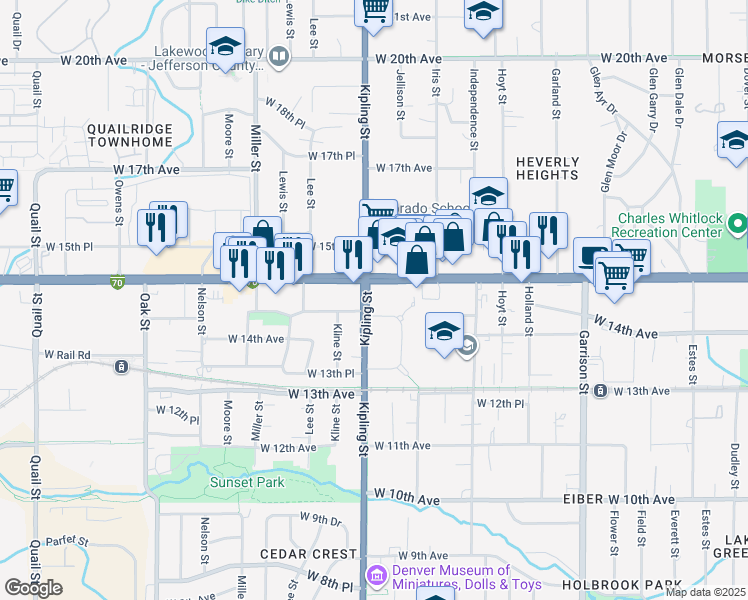 map of restaurants, bars, coffee shops, grocery stores, and more near in Lakewood