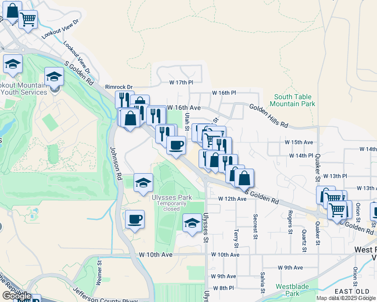 map of restaurants, bars, coffee shops, grocery stores, and more near 1400 Utah Street in Golden