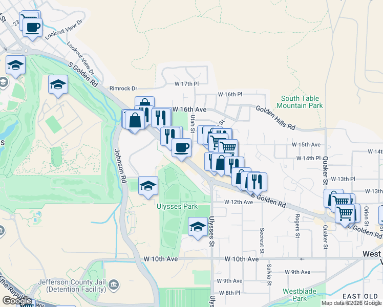 map of restaurants, bars, coffee shops, grocery stores, and more near 1400 Utah Street in Golden