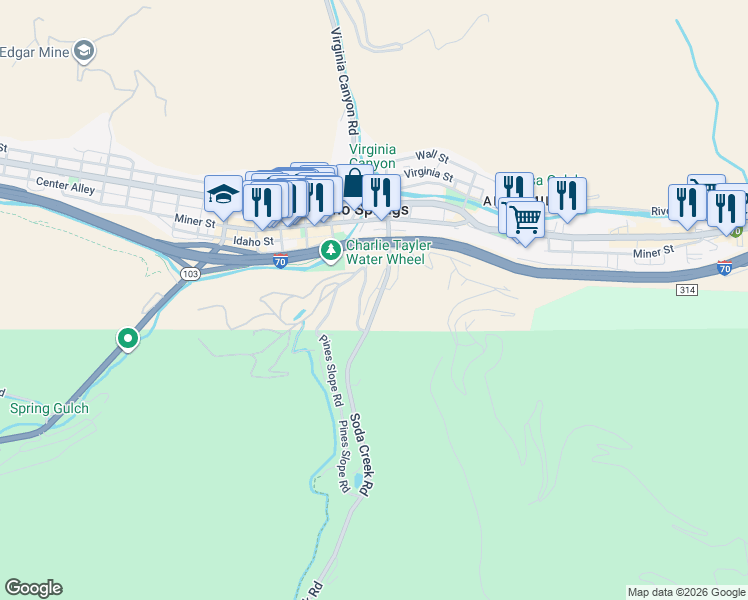 map of restaurants, bars, coffee shops, grocery stores, and more near 51 Soda Creek Road in Idaho Springs