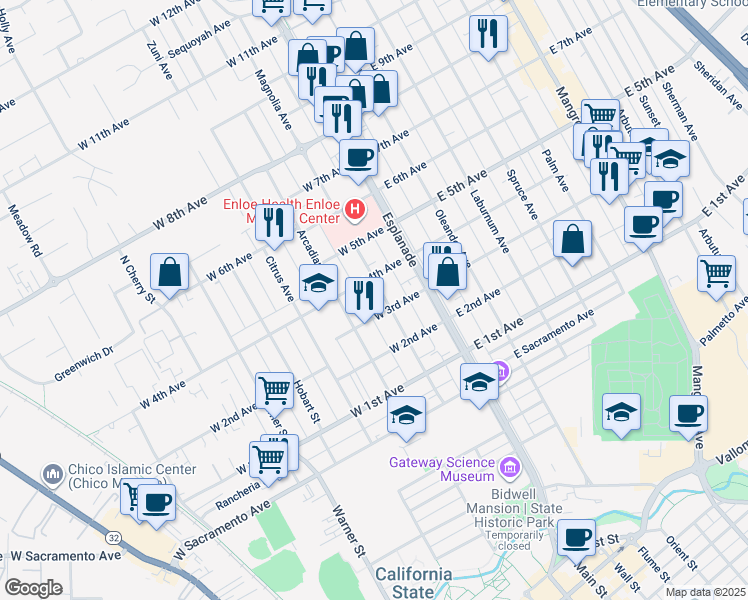 map of restaurants, bars, coffee shops, grocery stores, and more near 1339 Magnolia Avenue in Chico