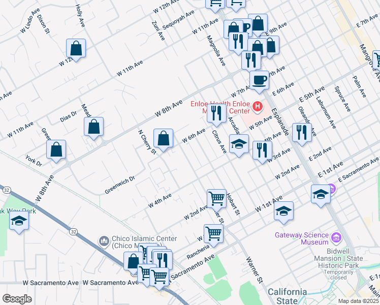 map of restaurants, bars, coffee shops, grocery stores, and more near 1467 Hobart Street in Chico