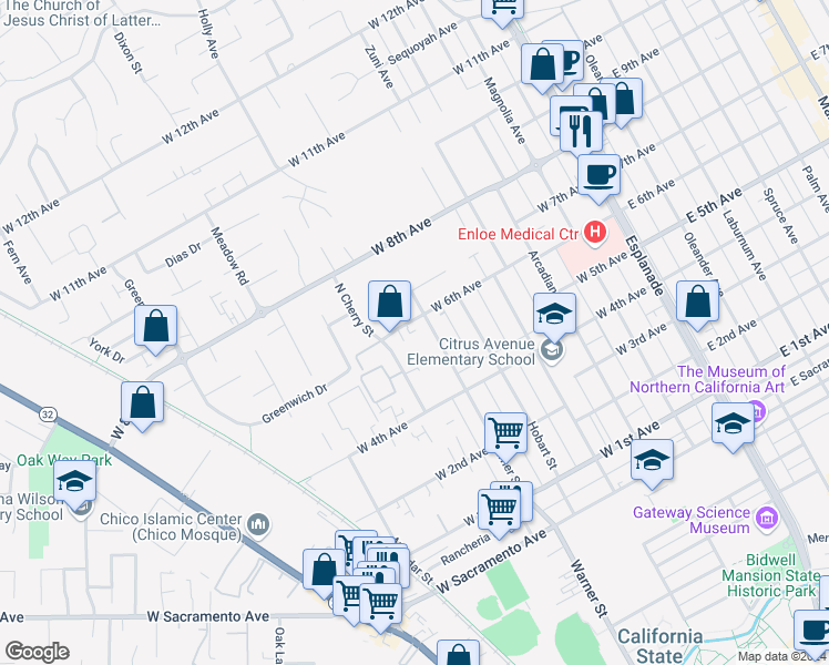 map of restaurants, bars, coffee shops, grocery stores, and more near 1527 Warner Street in Chico