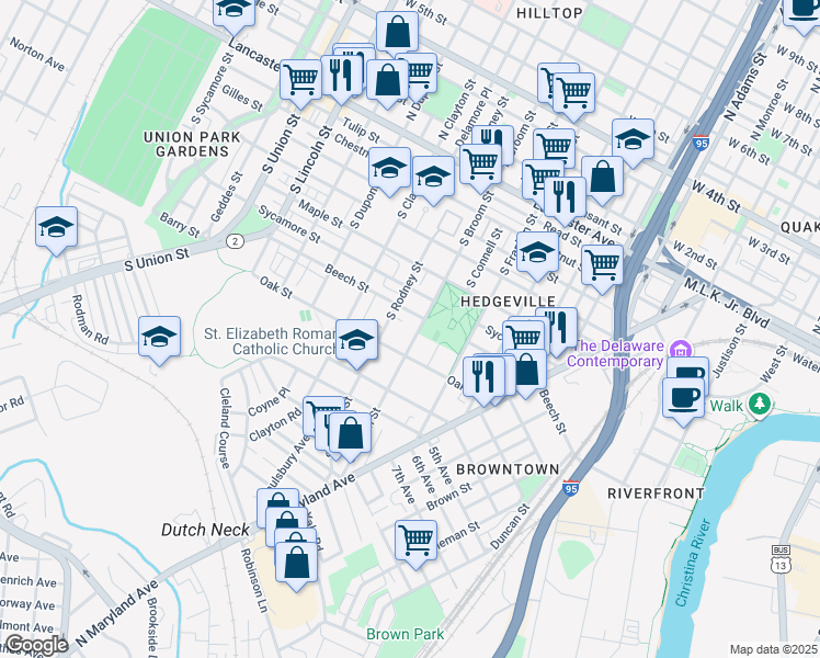 map of restaurants, bars, coffee shops, grocery stores, and more near 704 South Rodney Street in Wilmington
