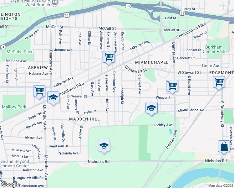 map of restaurants, bars, coffee shops, grocery stores, and more near 1013 Randolph Street in Dayton