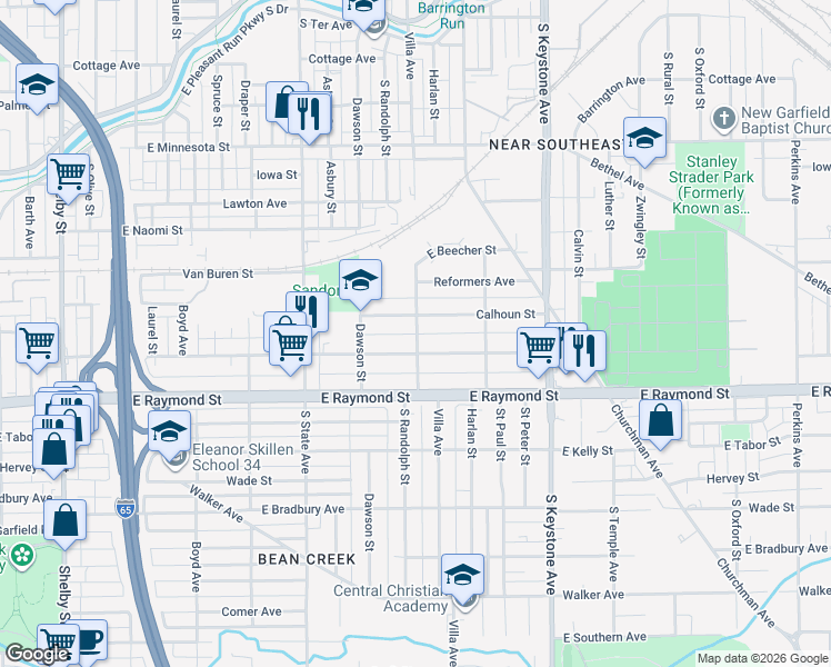 map of restaurants, bars, coffee shops, grocery stores, and more near 2013 Calhoun Street in Indianapolis