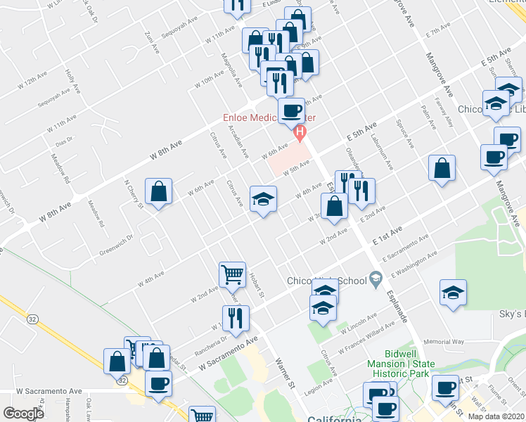 map of restaurants, bars, coffee shops, grocery stores, and more near 324 West 4th Avenue in Chico