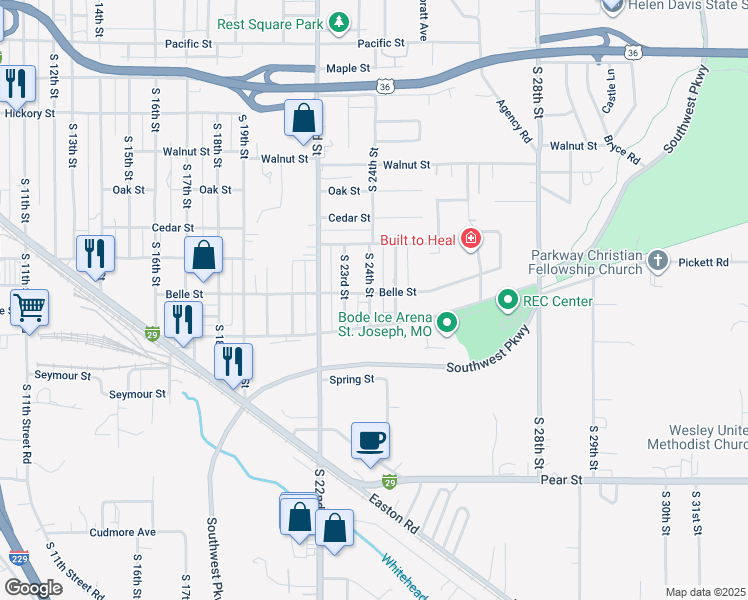 map of restaurants, bars, coffee shops, grocery stores, and more near 2803 South 24th Street in Saint Joseph